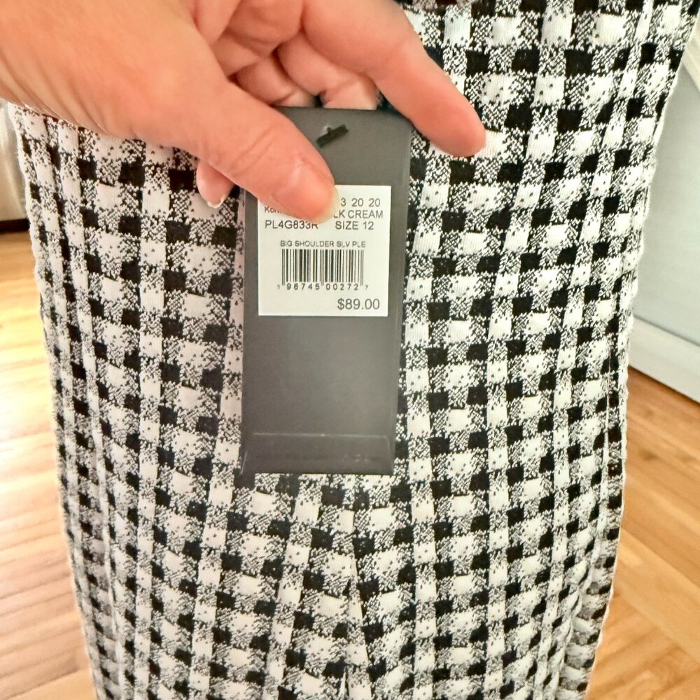 Andrew Marc Houndstooth Pleated Puffed Sleeve Round Neck Midi Sheath Dress - Picture 6 of 9